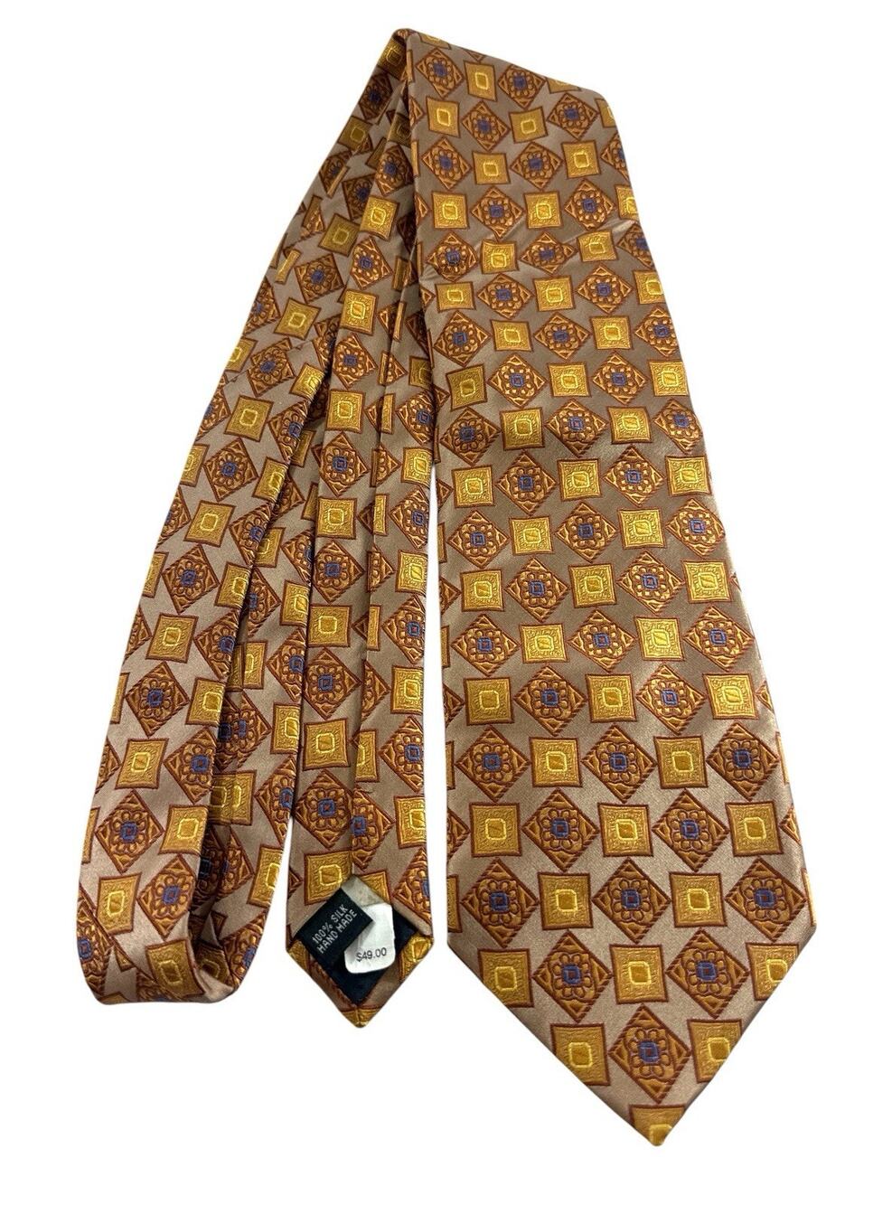 Dona / Dona 100% Silk Handmade Men’s Neck Tie Gold Blue Geometric 60”
